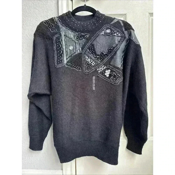 Vintage 80s Ms Organically Grown Acrylic Pullover Black Patch Work Sweater - Picture 1 of 7